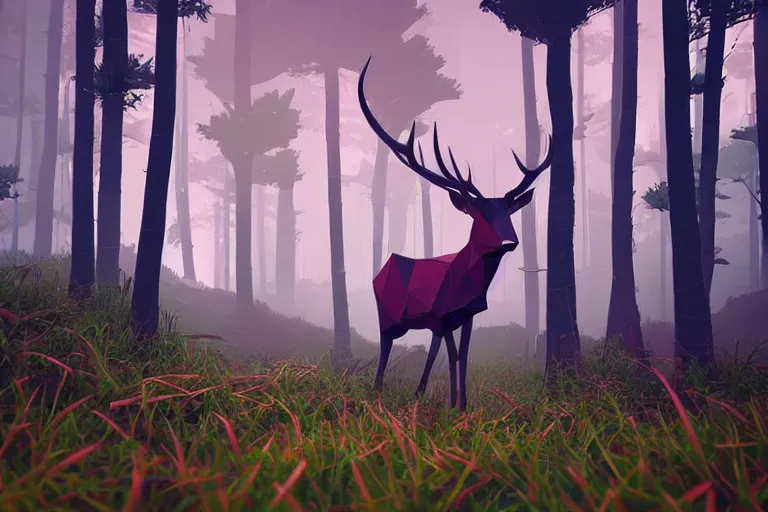 Image similar to super detailed lowpoly art, red deer in an undergrowth, unreal engine, retrowave color palette, 3 d render, lowpoly, earthy colors, digital art, perspective