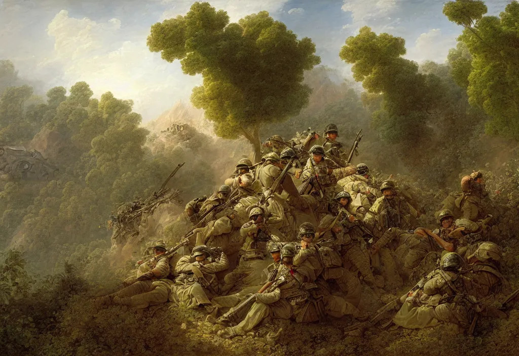 Image similar to afghanistan war by jean honore fragonard, green jungle, helicopters, battlefield, tanks