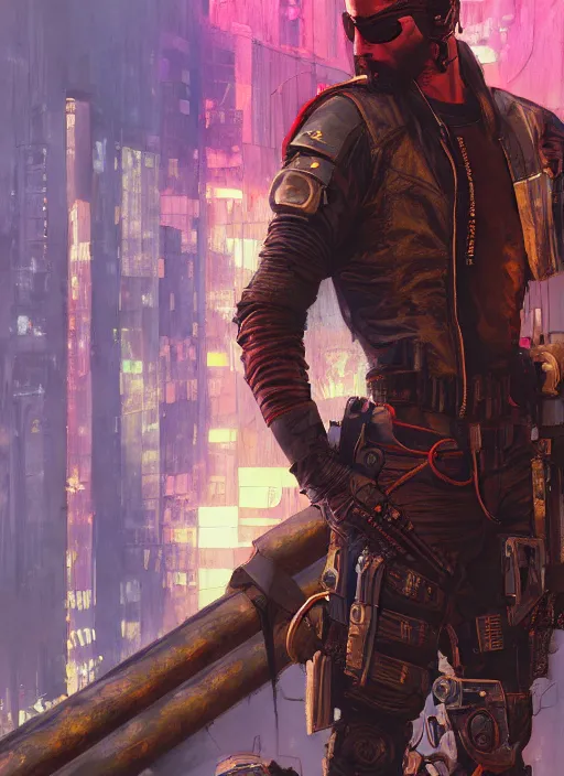 Image similar to Ezra. Cyberpunk mercenary in tactical gear climbing a security fence. rb6s, (Cyberpunk 2077), blade runner 2049, (matrix). Epic painting by Craig Mullins and Alphonso Mucha. painting with Vivid color.