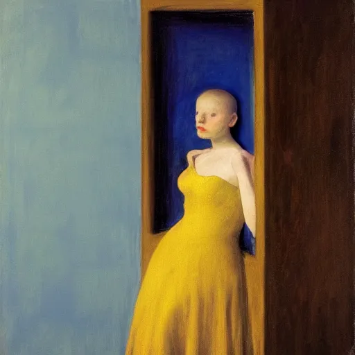 Image similar to close up of a girl in a blue and gold haunted liminal abandoned room, film still by edward hopper, by Pontormo, by klimt, art noveau, highly detailed, strong lights, liminal, eerie, Bright pastel colors