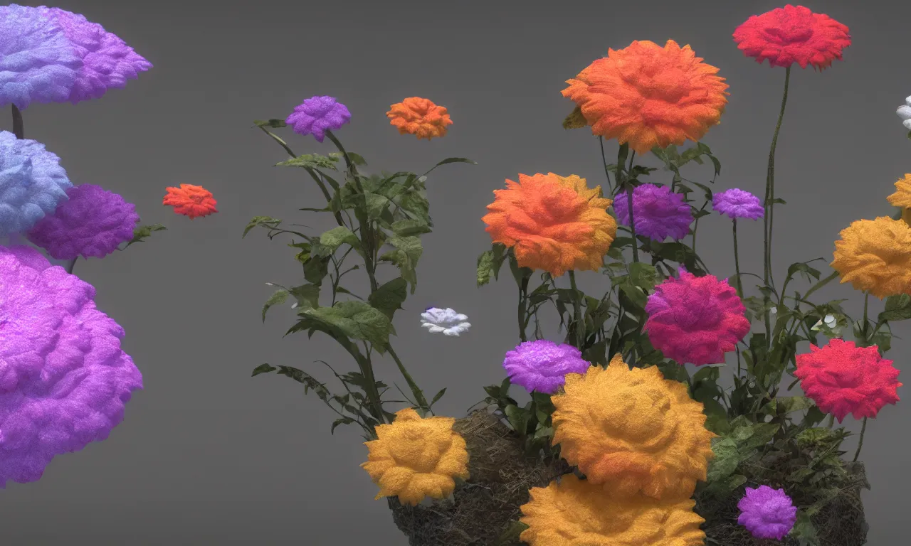 Prompt: hazy punk flowers diorama fused into epoxide, high specular detail, raytracing, translucency, raymarching, image from new movie by digital domain and weta digital, strong ambient occlusion