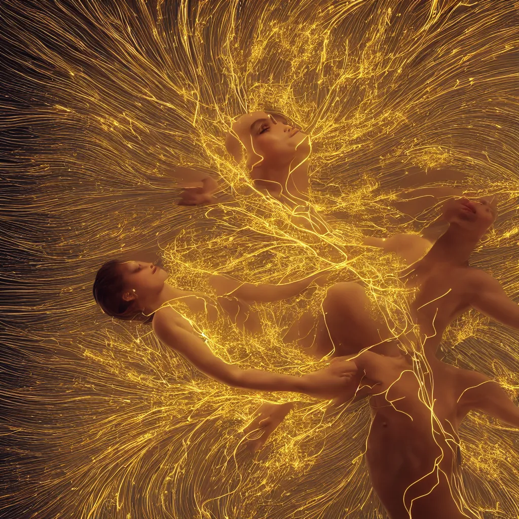 Image similar to radiant human body with thin golden lines, sparks, white cloth, electric wires and electronics, Art Nouveau, Alphonse Mucha, cinematic realistic photo, octane render