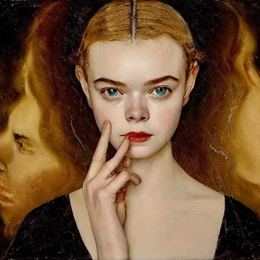 Image similar to Elle Fanning in a black robe holding a skull on the beach, head and shoulders portrait, stormy weather, extremely detailed masterpiece, Roger Deakin’s cinematography, oil on canvas, Norman Rockwell,