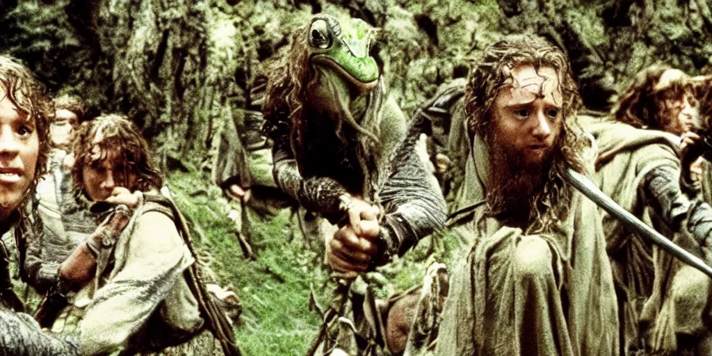 Image similar to movie film still scene, lord of the rings with frogs