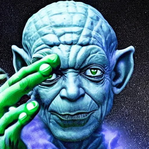 Prompt: photo of hybrid of dr manhattan and yoda
