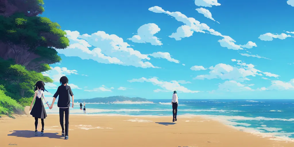 Prompt: beautiful anime painting of a couple holding hands walking through a coastal town, blue skies, seabirds, sandy beach, rolling green hills, daytime, by makoto shinkai, kimi no na wa, artstation, atmospheric.