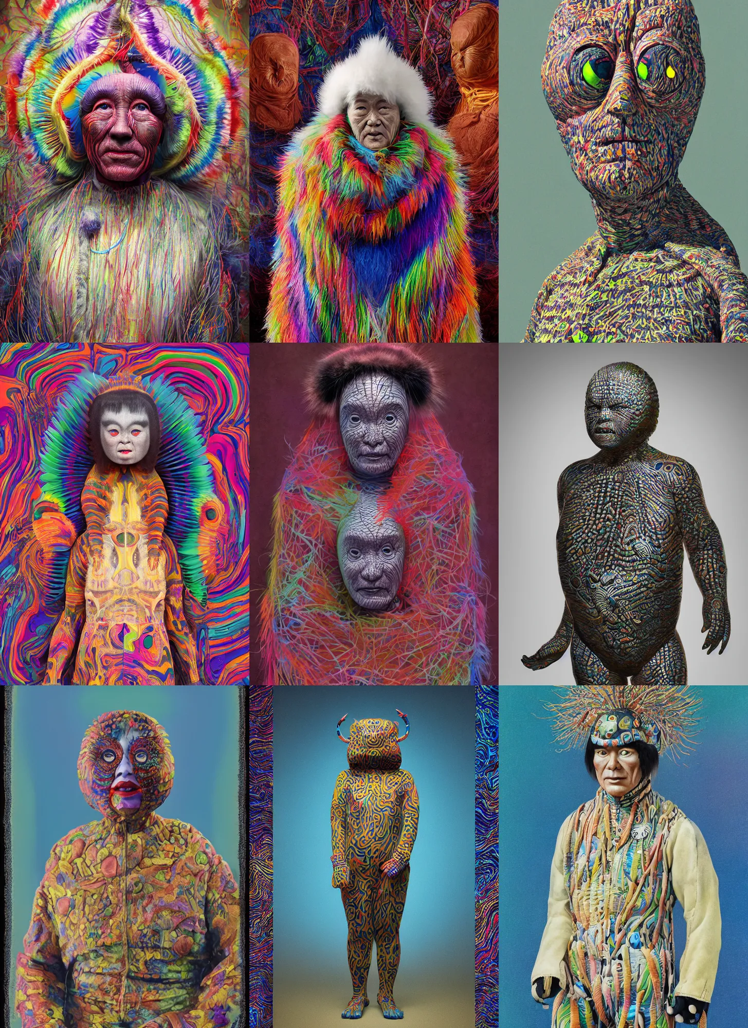 Prompt: a portrait of a Selk'nam by Peter Andrew Jones and Mark Ryden and Lisa Frank, Al Feldstein, Yayoi Kusama,Henry Justice Ford , Award winning photo, iridiscense, Houdini algorithmic generative render, Accurate and detailed, sharp focus, octane render 8k