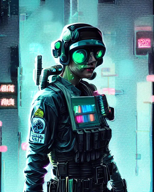 Image similar to detailed full body portrait neon female swat officer, cyberpunk futuristic, neon, reflective puffy coat, decorated with traditional japanese by ismail inceoglu dragan bibin hans thoma greg rutkowski alexandros pyromallis nekro rene margitte, illustrated, perfect face, fine details, realistic shaded, fine - face, pretty face