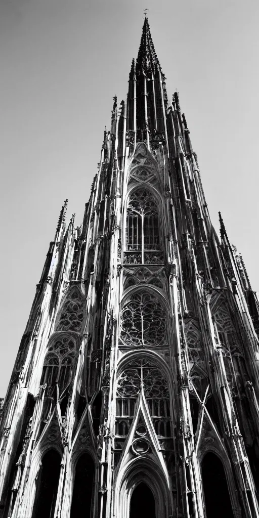 Prompt: A black and white photograph of a supertall skyscraper resembling a 13th century gothic Cathedral photographed by Bernd and Hilla Becher, hyperrealism 8k