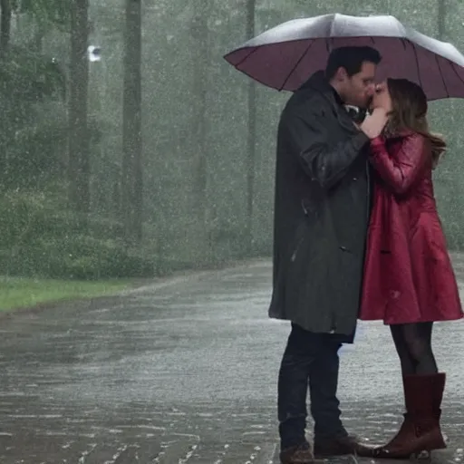 Image similar to still of emma watson kissing dean in the rain in supernatural