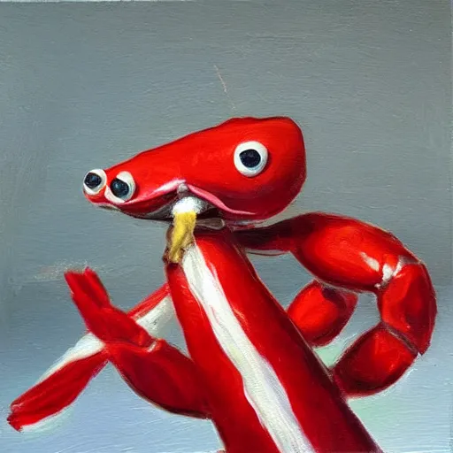 Image similar to hype realistic oil painting of an anthropomorphic shrimp holding a candy cane