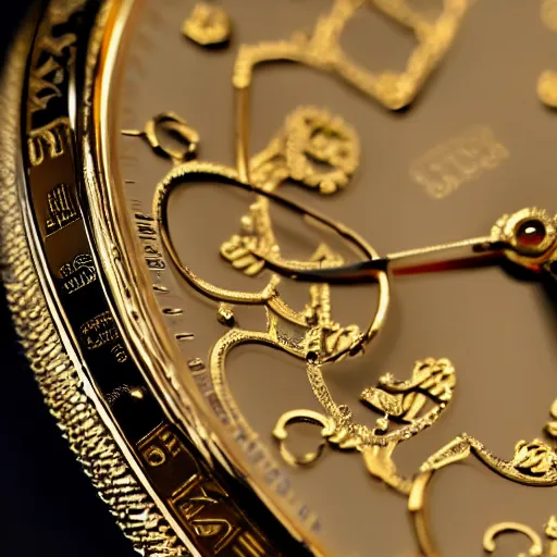 Prompt: close up of a gold wrist watch, intricate, complex, high detail