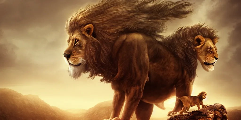 Image similar to a hooded wise old man with a long white beard wearing a brown hooded tunic riding on top of a lion, the man is on the lion, he is riding a lion, majestic, epic digital art, cinematic, trending on artstation, superb detail 8 k, wide - angle, masterpiece