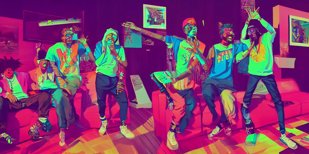 Image similar to friends rapping together in living room, party, epic pose, digital art, vaporwave, psychedelic, surreal, hip hop, trending on Artstation, professional artist, detailed, 4k