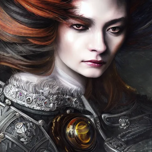 Image similar to portrait, headshot, insanely nice professional hair style, dramatic hair color, digital painting, of a old 17th century, old cyborg merchant, amber jewels, baroque, ornate clothing, scifi, realistic, hyperdetailed, chiaroscuro, concept art, art by Franz Hals and Jon Foster and Ayami Kojima and Amano and Karol Bak,