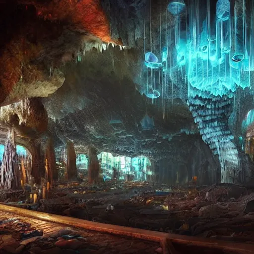 Image similar to “realistic image of city in a giant underground cave, bioluminescence, mushrooms, crystals, roots, Artstation HQ, photorealistic, hiperrealistic, 4k UHD, Unreal Engine 5”