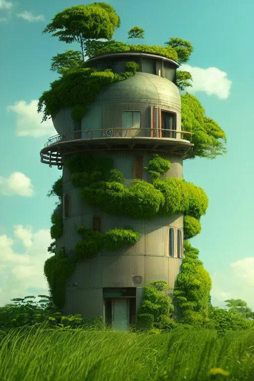 Image similar to cylindrical house, solarpunk, studio ghibli, jean - baptiste monge, octane render, 4 k, overgrown