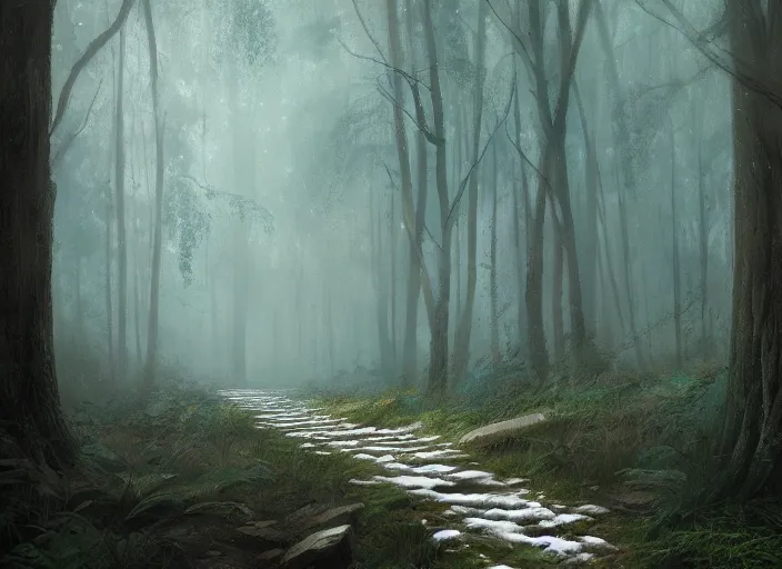 Prompt: A beautiful pathway in a forest, lush trees, in Winter, a fantasy digital painting by Greg Rutkowski and James Gurney, trending on Artstation, highly detailed