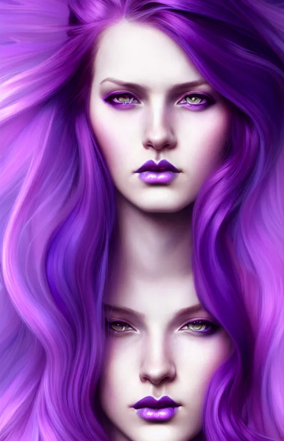 Image similar to Purple hair relistic Portrait of a woman with bright colored flying hair, all shades of purple. Hair coloring, long hair, blue eyes, fantasy, intricate, elegant, highly detailed, digital painting, artstation, concept art, smooth, sharp focus, illustration, art by artgerm and greg rutkowski and alphonse mucha