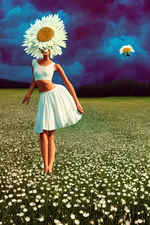 Image similar to giant white daisy flower as head, girl dancing in a flower field, surreal photography, sunrise, dramatic light, impressionist painting, colorful clouds, digital painting, artstation, simon stalenhag