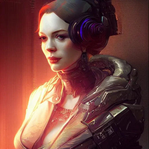 Image similar to christina hendricks in a cyberpunk, intricate, elegant, highly detailed, digital painting, artstation, concept art, smooth, sharp focus, illustration, art by artgerm and greg rutkowski
