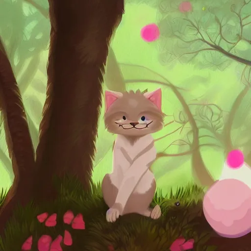 Prompt: cute art of a light pink anthro furry cat furry sona character wearing jacket, looking at viewer, on a trees background, profile picture digital art, trending on artstation