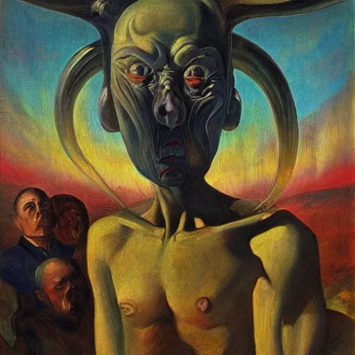 Image similar to a symbolist painting of a powerful alien president in the style of Jacek Malczewski, corrupt power