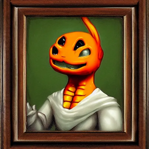 Prompt: onion charmander portrait, baroque painting, elated gaunt onion head