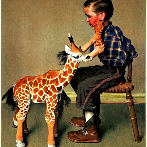 Prompt: a Norman Rockwell painting of a boy and his pet giraffe