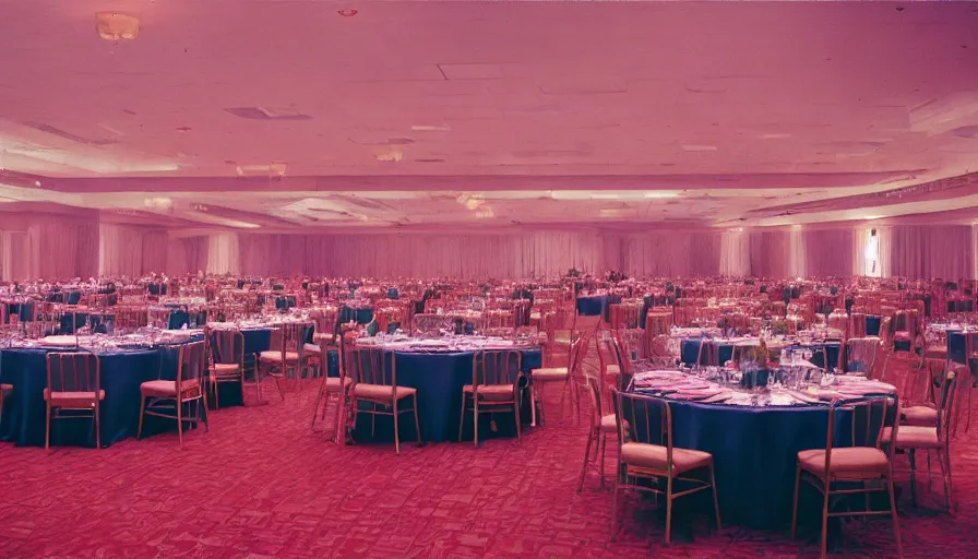 Image similar to 70s movie still of a ballroom , cinestill 800t Technicolor, heavy grain, high quality, criterion collection, liminal space style