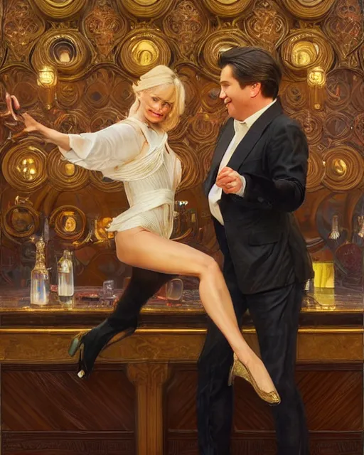 Prompt: Portrait of a  blonde lady and Michael mcintyre dancing on a table at Archer Street Soho,real life skin, intricate, elegant, highly detailed, artstation, concept art, smooth, sharp focus, art by artgerm and greg rutkowski and alphonse mucha