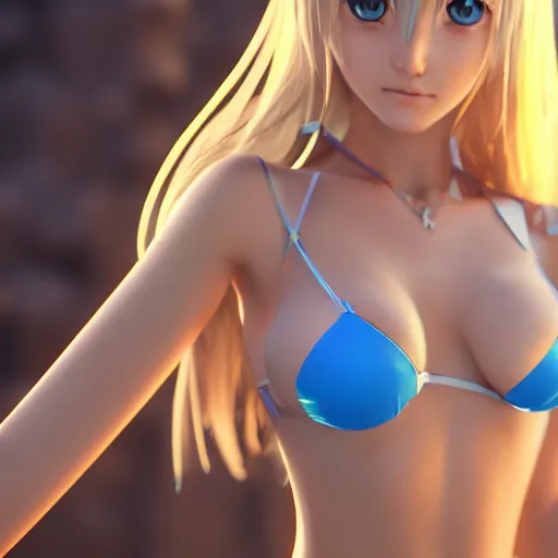 Image similar to a detailed portrait of pretty anime girl blue eyes in bikini, unreal engine 5 rendered, incredibly highly detailed and realistic, 8 k, sharp focus, studio quality
