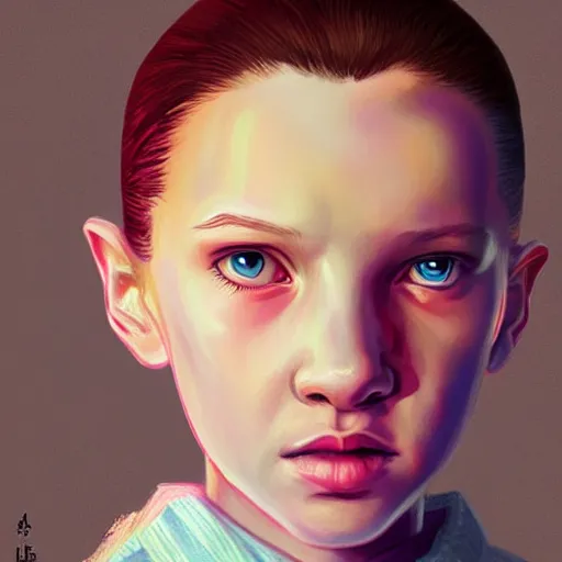 Image similar to a portrait of Eleven from Stranger things by WLOP!!!!!, character , female-focus, painting!!,scene