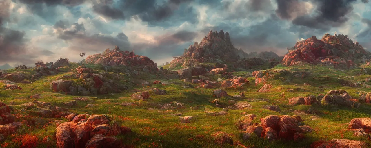 Image similar to ” otherwordly landscape of furry hills, [ colourful, cinematic, detailed, epic, widescreen, opening, establishing, mattepainting, photorealistic, realistic textures, octane render ] ”