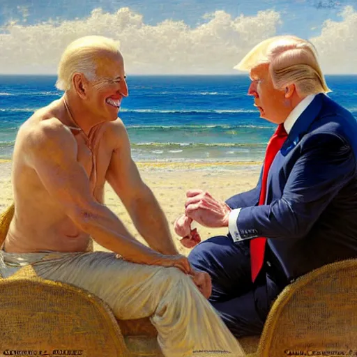 Image similar to joe biden and donald trump enjoying their time together at the beach. highly detailed painting by gaston bussiere, craig mullins, j. c. leyendecker, alphonse mucha 8 k