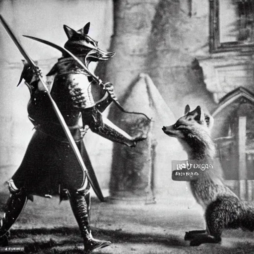 Prompt: anthropomorphic fox man fights in front of a castle against evil knight, 1910s film scene