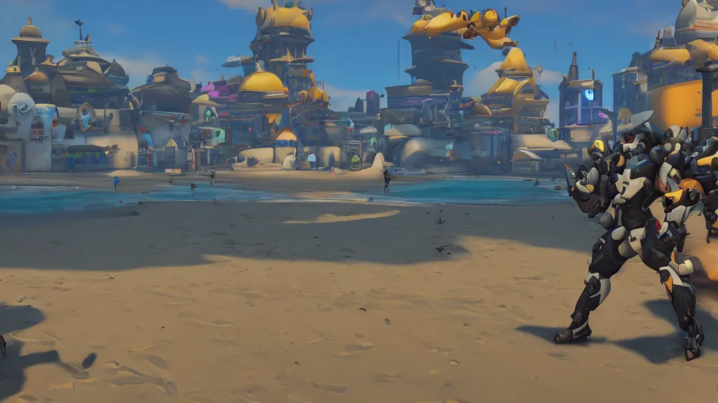 Image similar to Screenshot from Overwatch, at the beach