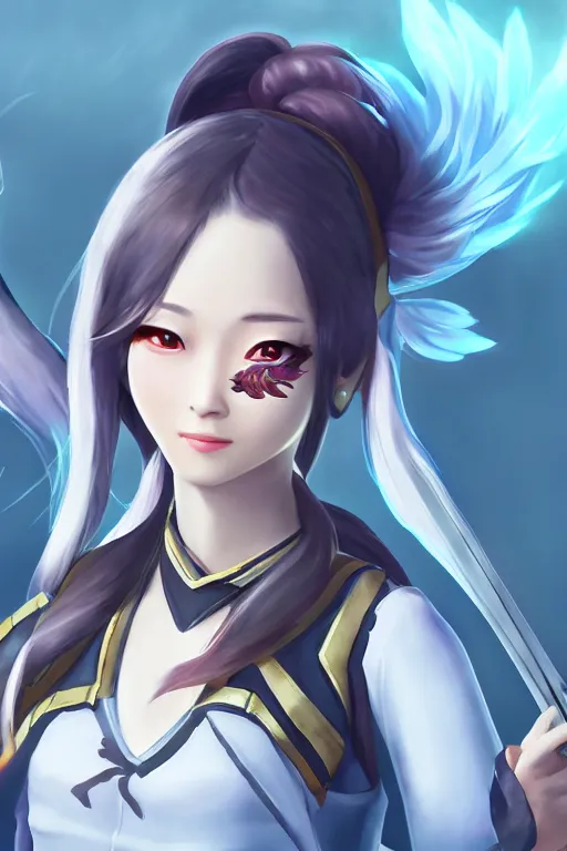 Image similar to a south korean female from video game paladins, white ponytail hair, she is holding kunai, highly detailed digital art, character design, masterpiece