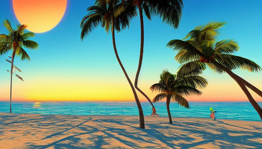 Image similar to miami vibes, unreal engine, digital art, sunset, sharp focus, beach, vivid color, clear sky