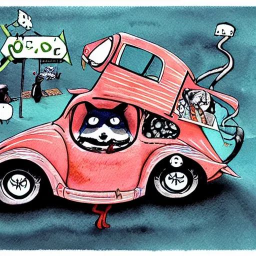 Prompt: racoon riding in a tiny hot rod coupe with oversized engine, ratfink style by ed roth, centered award winning watercolor pen illustration, by chihiro iwasaki, edited by range murata