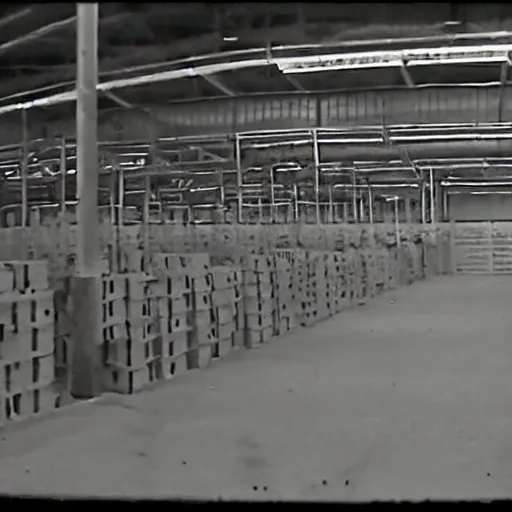 Prompt: insecam cctv footage of an abandoned mannequin warehouse, monochromatic, grainy and blurry vhs footage