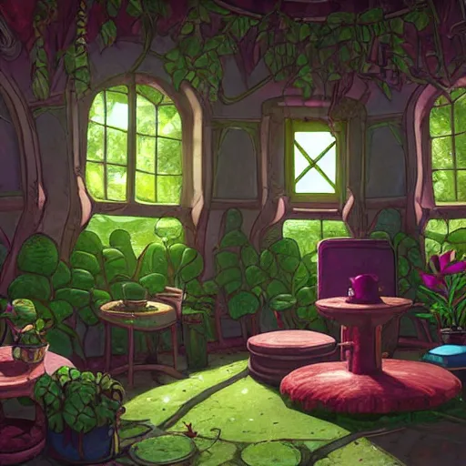 Prompt: concept art painting of a interior of a cozy alien fantasy cottage, circular windows, with black vines and magenta houseplants, realistic, detailed, cel shaded, dark, in the style of makoto shinkai and greg rutkowski and james gurney