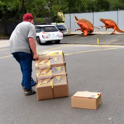 Image similar to Fisheve view of dinosaur stealing packages