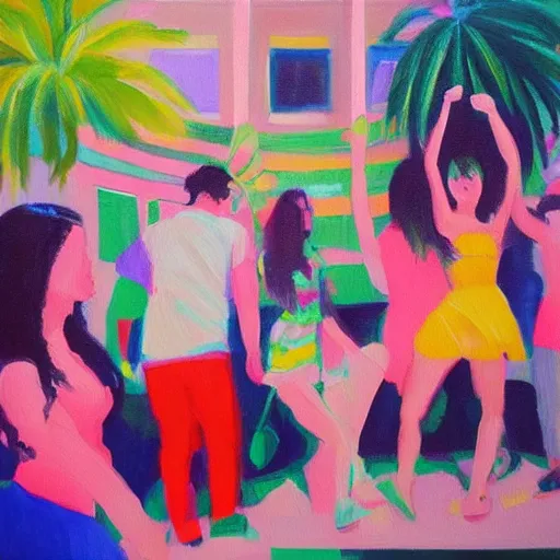 Image similar to “springbreak party, oil painting by mark tennant”