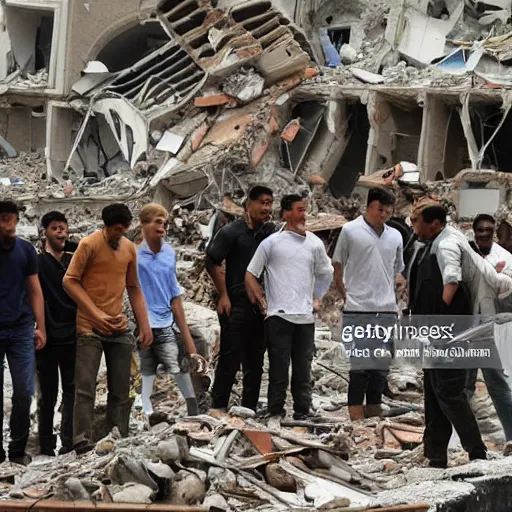 Prompt: seven young man, standing in a rubble after a building collapsed, journalistic photograph.