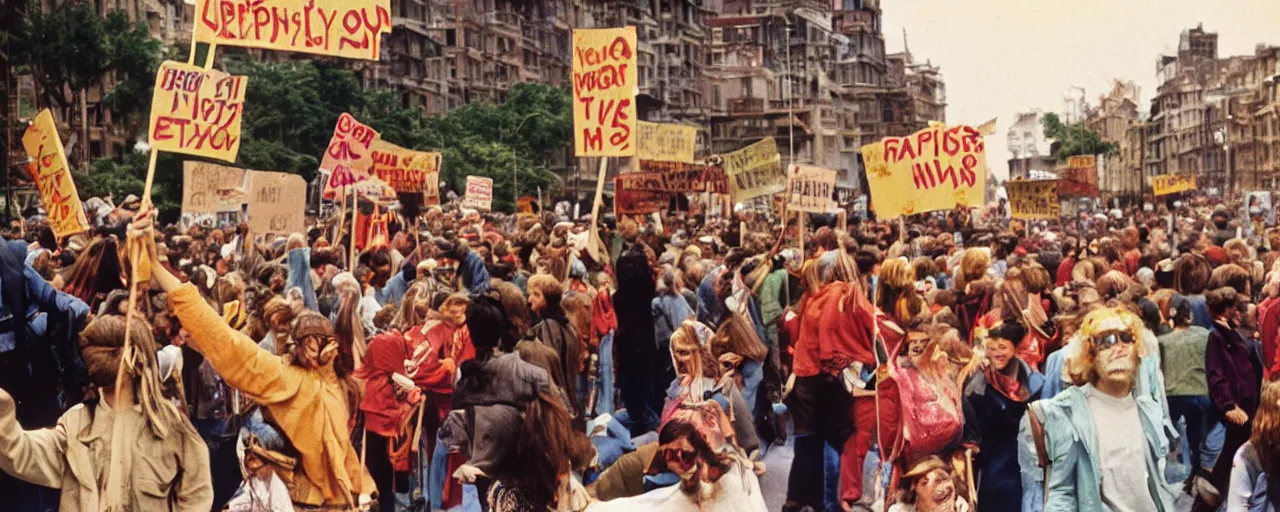 Image similar to hippies protesting with spaghetti signs, 1 9 6 0's,, high detail, canon 5 0 mm, wes anderson film, kodachrome