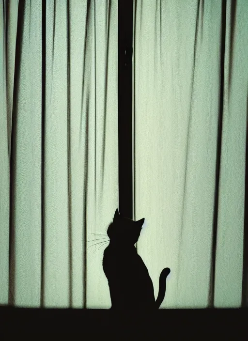 Prompt: a cat silhouette behind a semitransparent window curtain