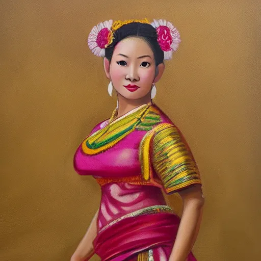 Prompt: oil painting of a beautiful thai woman in a traditional thai costume from the 1 9 th century