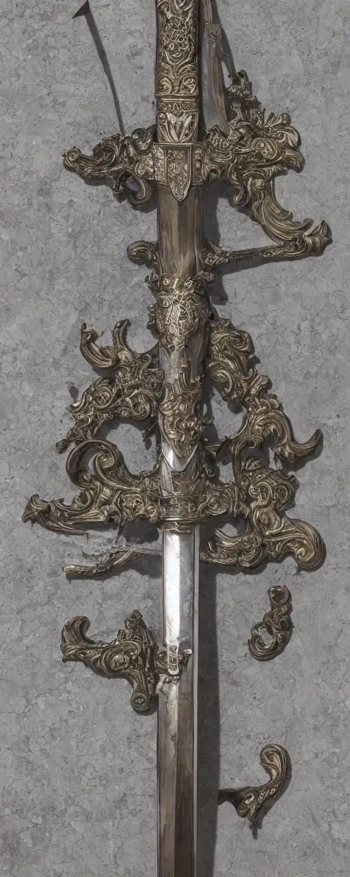 Prompt: sword of justice hanging on a wall, ornate gem in pommel, engraved blade, serrated point, herringbone floor, low angle, museum display