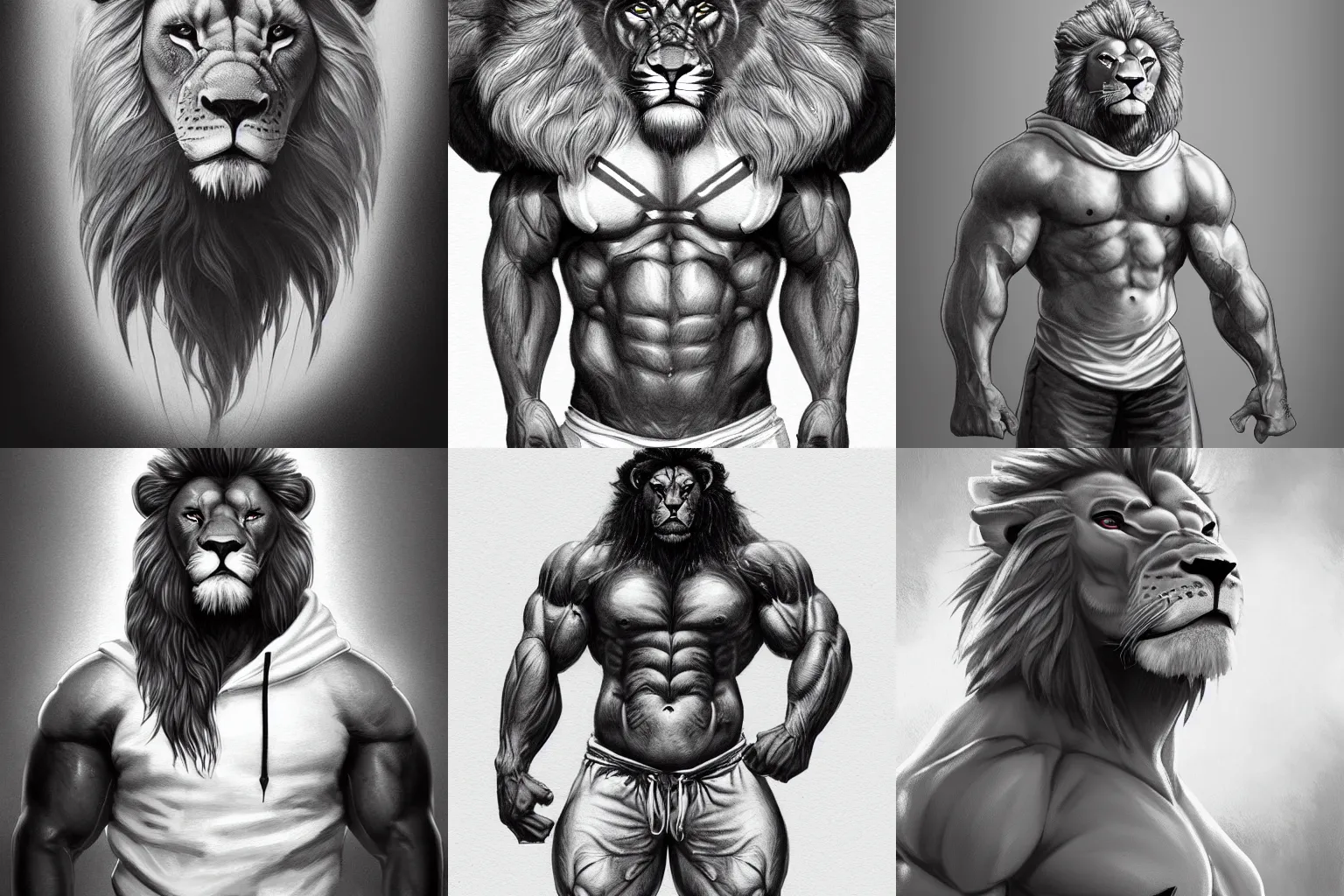 Prompt: mutant powerlifter muscular oversized lion in a white sport hoodie, casual clothes, portrait, intricate, elegant, highly detailed, studio backlight , digital painting, artstation, concept art, smooth, sharp focus, illustration